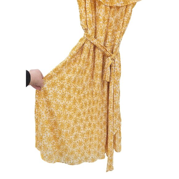 Michael Michael Kors Yellow Floral Pleated Midi Dress XL Boho Belted Summer - Picture 5 of 12